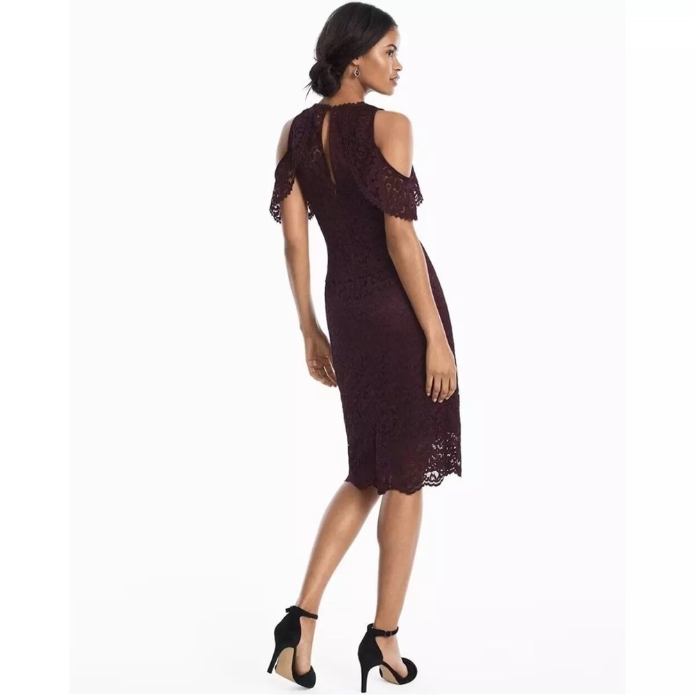 White House Black Market plum lace cold shoulder smooth fit silhouette dress Sz4